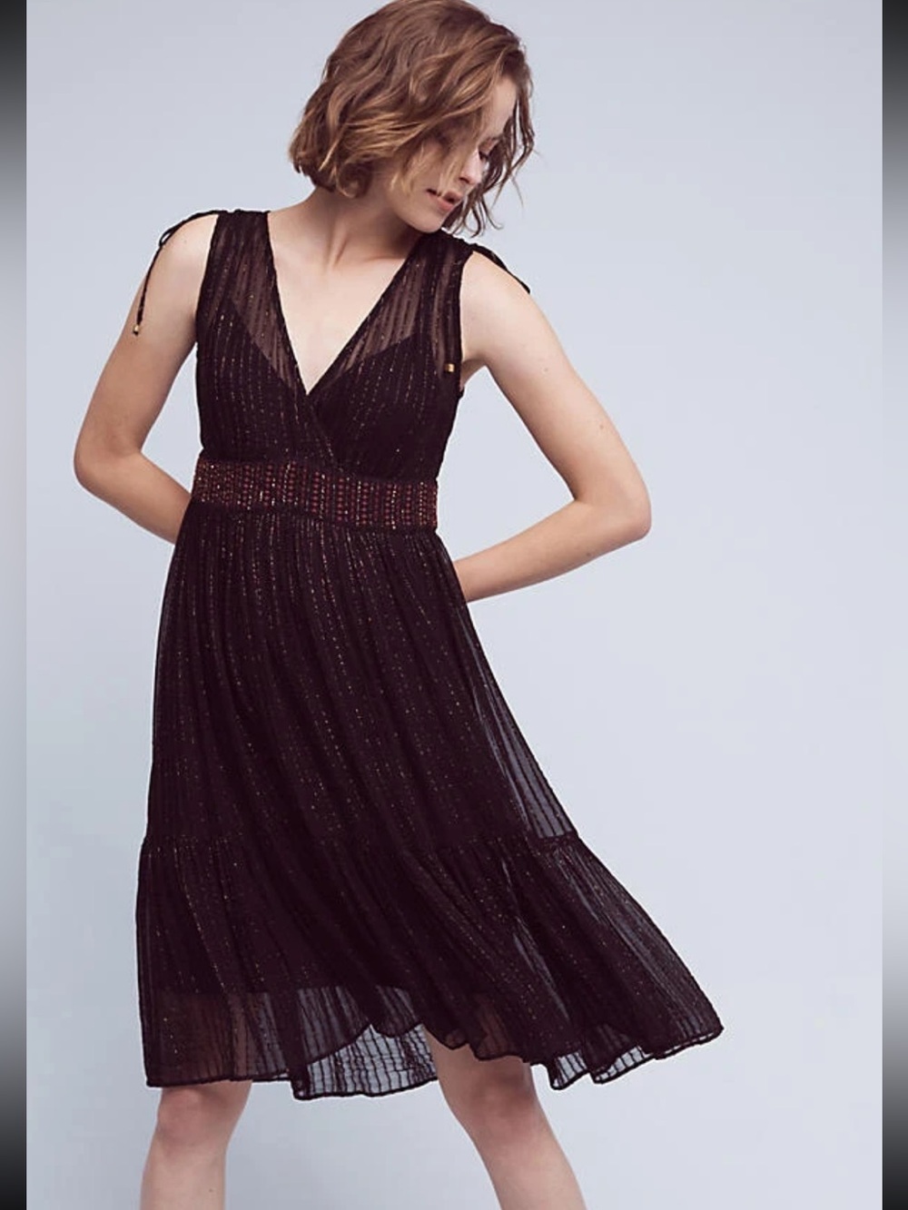 Anthropologie x Floreat Annecy Sheer Midi Dress In Black & Gold Size 6